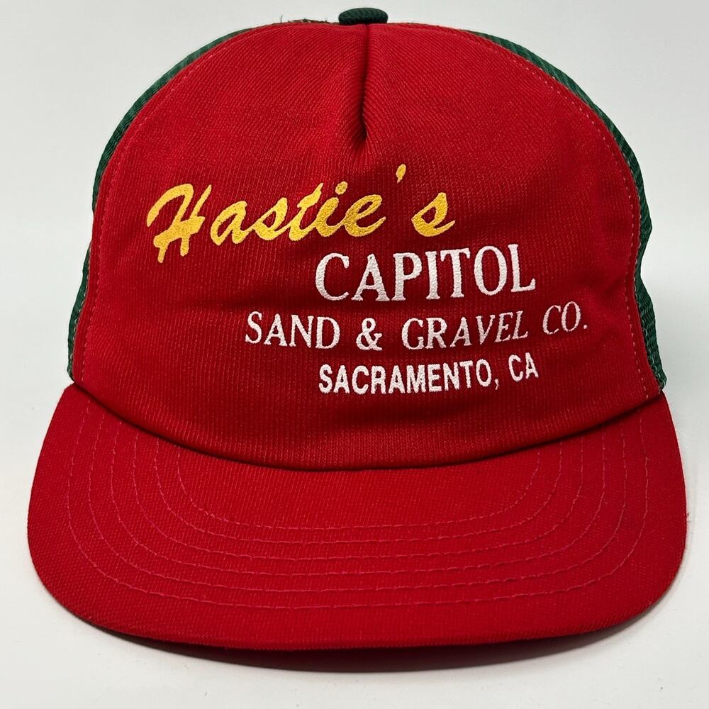 Vintage 80s Hasties Capitol Sand Gravel Trucker Hat Baseball Cap Sacramento Red